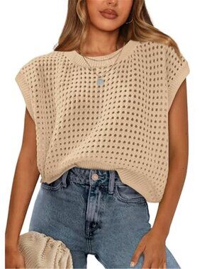 Apricot Crochet Cap Sleeve Knit Top Hollow Out Crew Neck Summer Sweater L